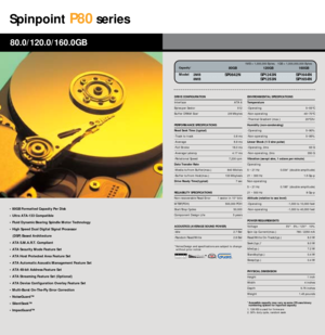 Page 15DRIVE CONFIGURATIONInterface ATA 6 Bytes per Sector       512Buffer DRAM Size
1
2/8 Mbytes
PERFORMANCE SPECIFICATIONS Read Seek Time (typical)-Track to track 0.8 ms-Average 8.9 ms-Full Stroke 18.0 ms-Average Latency 4.17 ms-Rotational Speed           7,200 rpmData Transfer Rate-Media to/from Buffer(max.)  840 Mbits/s-Buffer to/from Host(max.) 133 Mbytes/sDrive Ready Time(typical)7 secRELIABILITY SPECIFICATIONSNon-recoverable Read Error 1 sector in 10
14bits
MTBF(POH) 500,000 POHStart/Stop Cycles...