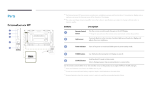 Page 14Parts
External sensor KIT
POWERON
 ―The External sensor KIT has a remote-control sensor, a brightness sensor and function keys. If mounting the display onto a 
wall, you can move the External sensor KIT to the side of the display.
 ― The colour and shape of parts may differ from what is shown. Specifications are subject to change without notice to 
improve quality.
Buttons Description
Remote Control 
Sensor
Aim the remote control towards this spot on the LCD Display.
 ―
Keep the area between the remote...