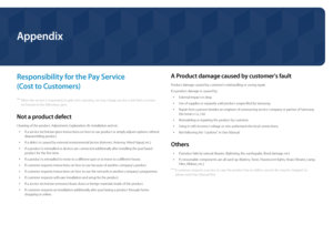 Page 151Appendix
Responsibility for the Pay Service  
(Cost to Customers)
 ―When the service is requested, in spite of in warranty, we may charge you for a visit from a service 
technician in the following cases.
Not a product defect
Cleaning of the product, Adjustment, Explanation, Re-installation and etc.
 • If a service technician gives instructions on how to use product or simply adjusts options without 
disassembling product.
 •If a defect is caused by external environmental factors (Internet, Antenna,...