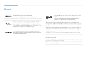Page 155Licence
Manufactured under licence from Dolby Laboratories.
Dolby and the double-D symbol are trademarks of Dolby Laboratories.
 Õ
Manufactured under a licence from U.S. Patent No’s: 5,956,674, 5,974,380, 
5,978,762, 6,487,535, 6,226,616, 7,212,872, 7,003,467, 7,272,567, 7,668,\
723, 
7,392,195, 7,930,184, 7,333,929 and 7,548,853. DTS, the Symbol, and DTS and 
the Symbol together are registered trademarks & DTS Premium Sound | 5.1 is a 
trademark of DTS, Inc. ⓒ2012 DTS, Inc. All Rights Reserved.
The...