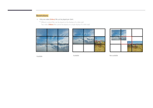 Page 51Restrictions
 •Only one video (Videos) file can be played per client.
 ―
Different content files can be played on the displays of a video wall.
Two video (Videos) files cannot be played on a single display of a video wall.
Available Available
Not available  