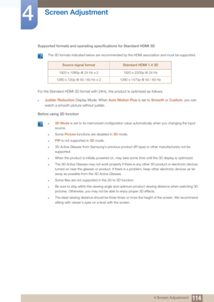 Page 114114
Screen Adjustment
4
4 Screen Adjustment
Supported formats and operating specifications for Standard HDMI 3D
 The 3D formats indicated below are recommended by the HDMI association and must be supported.
 
For the Standard HDMI 3D format with 24Hz, the product is optimized as follows.
zJudder Reduction
 Display Mode: When  Auto Motion Plus is set to Smooth or Custom , you can 
watch a smooth picture without judder.
Before using 3D function
 z3D Mode  is set to its memorized configuration value...
