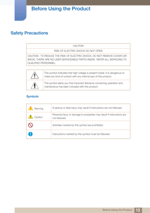 Page 1313
Before Using the Product
 Before Using the Product
Safety Precautions
Symbols
CAUTION
RISK OF ELECTRIC SHOCK DO NOT OPEN
CAUTION : TO REDUCE THE RISK OF ELECTR IC SHOCK, DO NOT REMOVE COVER (OR 
BACK). THERE ARE NO USER SERVICEABLE PARTS INSIDE. REFER ALL SERVICING TO 
QUALIFIED PERSONNEL.
This symbol indicates that high voltage is present inside. It is dangerous to 
make any kind of contact with any internal part of this product.
This symbol alerts you that important literature concerning operation...