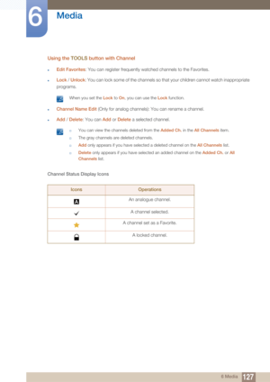 Page 127127
Media
6
6 Media
Using the TOOLS button with Channel
zEdit Favorites : You can register frequently watched channels to the Favorites.
zLock / Unlock : You can lock some of the channels so that your children cannot watch inappropriate 
programs.
 When you set the  Lock to On , you can use the Lock  function. 
zChannel Name Edit (Only for analog channels): You can rename a channel.
zAdd / Delete : You can  Add or Delete  a selected channel.
 †You can view the channels deleted from the Added Ch.  in the...