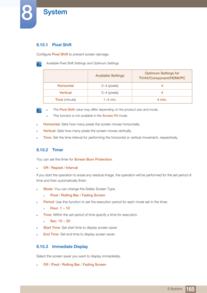 Page 165165
System
8
8 System
8.10.1 Pixel Shift
Configure Pixel Shift  to prevent screen damage.
 Available Pixel Shift Settings and Optimum Settings 
 zThe Pixel Shift  value may differ depending on the product size and mode.
zThis function is not available in the  Screen Fit mode. 
zHorizontal: Sets how many pixels the screen moves horizontally.
zVertical: Sets how many pixels th e screen moves vertically.
zTime: Set the time interval for performing the horizontal or vertical movement, respectively.
8.10.2...