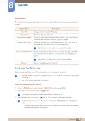 Page 175175
System
8
8 System
Anynet+ Menu
The Anynet+ menu changes depending on the type and status of the Anynet+ devices connected to the 
product.
8.14.2 Auto Turn Off (No / Yes)
Setting an Anynet+ Device to turn Off automatically when the product is turned off.
 zIf Auto Turn Off  is set to Yes, running external devices will turn off at the same time as the product 
powers off.
zMay not be enabled depending on the device. 
Switching between Anynet+ Devices
1Press the  TOOLS button, select Anynet+ (HDMI-CEC)...
