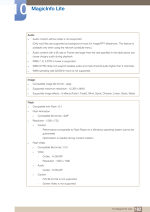 Page 182182
MagicInfo Lite
10
10 MagicInfo Lite
Audio
zAudio content without video is not supported.
(Only mp3 files are supported as background music for image/PPT slideshows. This feature is 
available only when using the network schedule menu.)
zAudio content with a Bit rate or Frame rate larger than the rate specified in the table above can 
cause choppy audio during playback.
zWMA 7, 8, 9 STD or lower is supported.
zWMA 9 PRO does not support lossless audio and multi-channel audio higher than 2 channels....