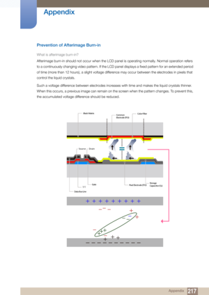 Page 217217
Appendix
 Appendix
Prevention of Afterimage Burn-in
What is afterimage burn-in?
Afterimage burn-in should not occur when the LCD panel is operating normally. Normal operation refers 
to a continuously changing video pattern. If the LCD panel displays a fixed pattern for an extended period 
of time (more than 12 hours), a slight voltage difference may occur between the electrodes in pixels that 
control the liquid crystals. 
Such a voltage difference between electrodes increases with time and makes...