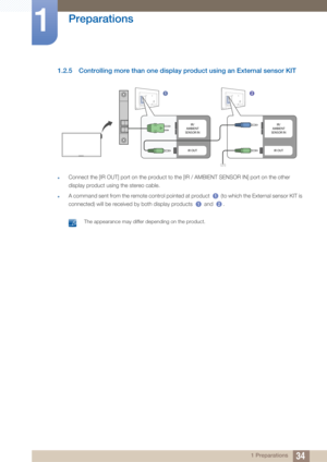 Page 3434
Preparations
1
1 Preparations
1.2.5 Controlling more than one display product using an External sensor KIT
zConnect the [IR OUT] port on the product to the [IR / AMBIENT SENSOR IN] port on the other 
display product using the stereo cable.
zA command sent from the remote control pointed at product   (to which the External sensor KIT is 
connected) will be received by both display products   and  .
 
The appearance may differ depending on the product. 
1 2
IR/
AMBIENT
SENSOR IN
IR OUTIR/
AMBIENT
SENSOR...