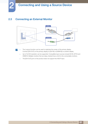 Page 6161
Connecting and Using a Source Device
2
2 Connecting and Using a Source Device
2.3 Connecting an External Monitor
 zThe Loopout function can be used to duplicate the screen of the primary display. 
Connect [DVI OUT] on the primary display to [DVI IN] or [HDMI IN] on another display.
zUp to Full HD resolution can be supported. Compatible input sources include DVI IN, DP IN and 
HDMI IN. Multiple monitors that are daisy-chained have a limit to the connectable monitors.
zThe [DVI OUT] port on this product...