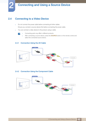 Page 6262
Connecting and Using a Source Device
2
2 Connecting and Using a Source Device
2.4 Connecting to a Video Device
zDo not connect the power cable before connecting all other cables.
Ensure you connect a source device first before connecting the power cable.
zYou can connect a video device to the product using a cable.
 †Connecting parts may differ in different products.
†After connecting a source device, press the SOURCE button on the remote control and 
select the connected source device.
 
2.4.1...