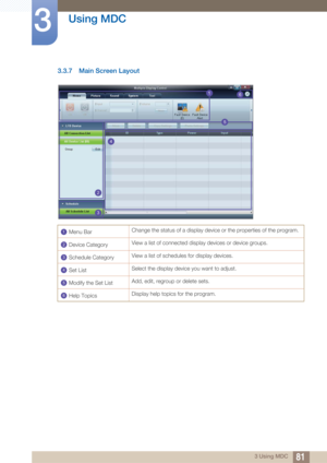 Page 8181
Using MDC
3
3 Using MDC
3.3.7 Main Screen Layout
 Menu BarChange the status of a display device or the properties of the program.
 Device Category View a list of connected displa
y devices or device groups.
 Schedule Category View a list of schedules for display devices.
 Set List Select the display device you want to adjust.
 Modify the Set List Add, edit, regroup or delete sets.
 Help Topics Display help topics for the program.
4
3
2
16
5
1
2
3
4
5
6 