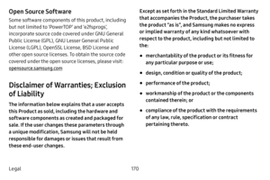 Page 176170
Legal
Open Source Software
Some software components of this product, including 
but not limited to ‘PowerTOP’ and ‘e2fsprogs’, 
incorporate source code covered under GNU General 
Public License (GPL), GNU Lesser General Public 
License (LGPL), OpenSSL License, BSD License and 
other open source licenses. To obtain the source code 
covered under the open source licenses, please visit: 
opensource.samsung.com
Disclaimer of Warranties; Exclusion 
of Liability
The information below explains that a user...