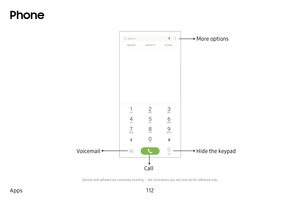 Page 119112
Apps
Phone
Call
Hide the keypad More optionsVoicemail
Devices and software are constantly evolving — the illustrations you see here are for reference only.  