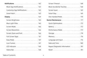 Page 5v
Table of Contents Notifications 
  . . . . . . . . . . . . . . . . . . . . . . . . . . . . . . .162
Block App Notifications
  . . . . . . . . . . . . . . . . . . . .163
Customize App Notifications
  . . . . . . . . . . . . . . .163
Smart Alert
  . . . . . . . . . . . . . . . . . . . . . . . . . . . . . . .163
Display
  . . . . . . . . . . . . . . . . . . . . . . . . . . . . . . . . . . . . .164
Screen Brightness
  . . . . . . . . . . . . . . . . . . . . . . . . .165
Blue Light Filter
  . . . . . . . ....