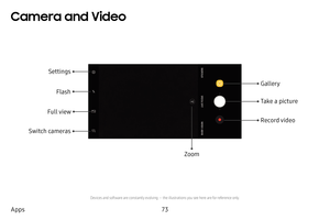 Page 8073
Apps
Camera and Video
Devices and software are constantly evolving — the illustrations you see here are for reference only.
Settings
Gallery
Take a picture
Record video
Switch cameras Flash
Full view
Zoom  