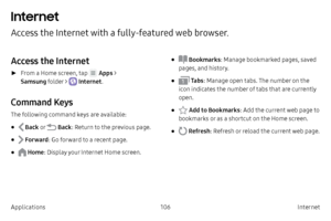 Page 116106Internet 
Applications
Internet 
Access the Internet with a fully- featured web browser.
Access the Internet
 ► From a Home screen, tap  Apps > 
Samsung folder > 
 Internet .
Command Keys
The following command keys are available:
•  Back o r  Back : Return to the previous page.
•  Forward : Go forward to a recent page.
•  Home: Display your Internet Home screen.
•  Bookmarks : Manage bookmarked pages, saved 
pages, and history.
•  Ta b s : Manage open tabs. The number on the 
icon indicates the number...