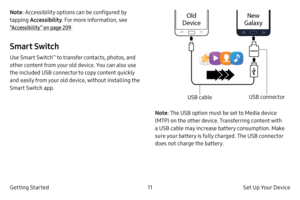 Page 2111Set Up Your Device 
Getting Started
Note : Accessibility options can be configured by 
tapping  Accessibility . For more information, see 
“Accessibility” on page 209.
Smart Switch
Use Smart Switch™ to transfer contacts, photos, and 
other content from your old device. You can also use 
the included USB connector to copy content quickly 
and easily from your old device, without installing the 
Smart Switch app.
Old 
DeviceNew 
Galaxy
USB connector
USB cable
Note : The USB option must be set to Media...