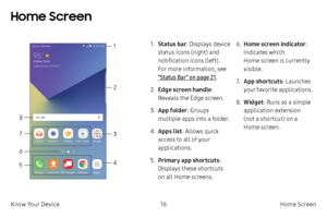 Page 2616Home Screen
Know Your Device
Home Screen
1. Status bar : Displays device 
status icons (right) and 
notification icons (left). 
For more information, see 
“Status Bar” on page  21.
2.
 
E
 dge screen handle : 
Reveals the Edge screen.
3.
 
A
 pp folder : Groups 
multiple apps into a folder.
4.
 
A
 pps list : Allows quick 
access to all of your 
applications.
5.
 
P
 rimary app shortcuts : 
Displays these shortcuts 
on all Home screens. 6.
 H ome screen indicator: 
Indicates which 
Home screen is...