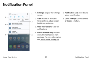 Page 3525Notification Panel
Know Your Device
1. Settings : Display the Settings 
screen.
2.
 
V
 iew all : See all available 
Quick settings, adjust screen 
brightness, and more.
3.
 
C
 lear notifications : Clear all 
notifications.
4.
 
N
 otification settings : Enable 
or disable notifications from 
each app. For more information, 
see “Notifications” on page  155.5.
 N otification card: View details 
about a notification.
6.
 
Q
 uick settings: Quickly enable 
or disable a feature.
3 1
Notification Panel
2...