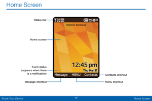 Page 2417 Home Screen 
Home Screen
 
Status bar 
Home screen 
Event status 
(appears when there  is a noti�cation) 
Contacts shortcut 
Message shortcut  Menu shortcut  
Know Your Device  