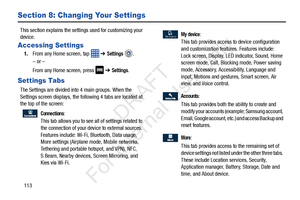 Page 120113
Section 8: Changing Your Settings
This section explains the settings used for customizing your 
device.
Accessing Settings
1. From any Home screen, tap    ➔ Settings .
– or –
From any Home screen, press 
 ➔ Settings.
Settings Tabs
The Settings are divided into 4 main groups. When the 
Settings screen displays, the following 4 tabs are located at 
the top of the screen:
 
Connections:
This tab allows you to see all of settings related to 
the connection of your devi ce to external sources. 
Features...