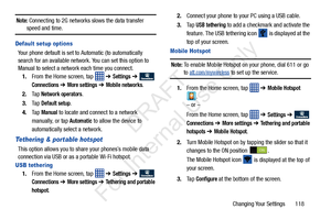 Page 125Changing Your Settings       118
Note: Connecting to 2G networks slows the data transfer speed and time.
Default setup options
Your phone default is set to Automatic (to automatically 
search for an available network. You can set this option to 
Manual to select a network each time you connect.1. From the Home screen, tap    ➔ 
Settings ➔  
Connections ➔ More settings ➔ Mobile networks.
2. Ta p  
Network operators.
3. Ta p  
Default setup.
4. Ta p  
Manual to locate and connect to a network 
manually, or...