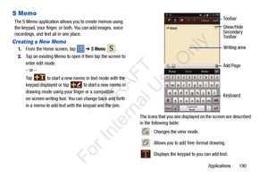 Page 197Applications       190
S Memo
The S Memo application allows you to create memos using 
the keypad, your finger, or both. You can add images, voice 
recordings, and text all in one place.
Creating a New Memo
1.From the Home screen, tap    ➔ S Memo .
2. Tap an existing Memo to open it then tap the screen to 
enter edit mode.
– or –
Ta p  
 to start a new memo in text mode with the 
keypad displayed or tap    to start a new memo in 
drawing mode using your  finger or a compatible 
on-screen writing tool....