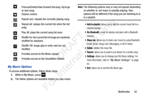 Page 89Multimedia       82
My Music Options
To access additional options, follow these steps:1. While in My Music, press 
.
2.The follow options are availa ble before you play music:
Note: The following options may or may not appear depending 
on whether or not music is actually playing. Also, 
options will be different if the song you are listening to is 
in a playlist. 
 Add to playlist: allows you to add the current music file to a 
selected playlist.
 Via Bluetooth: scans for devices and pairs with a...