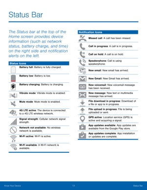 Page 19Status Bar
 
The Status bar at the top of the 
Home screen provides device 
information (such as network 
status, battery charge, and time) 
on the right side and noti�cation 
alerts on the left. 
Status Icons 
Battery full: Battery is fully charged. 
Battery low: Battery is low. 
Battery charging: Battery is charging. 
Vibrate mode: Vibrate mode is enabled. 
Mute mode: Mute mode is enabled. 
4G LTE active: The device is connected 
to a 4G LTE wireless network. 
Signal strength: Cellular network...