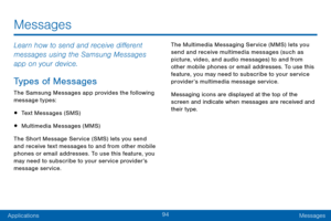 Page 10394
ApplicationsMessages
Messages
Learn how to send and receive different 
messages using the Samsung Messages 
app on your device.
Types of Messages
The Samsung Messages app provides the following 
message types:
• Text Messages (SMS)
• Multimedia Messages (MMS)
The Short Message Service (SMS) lets you send 
and receive text messages to and from other mobile 
phones or email addresses. To use this feature, you 
may need to subscribe to your service provider’s 
message service. The Multimedia Messaging...