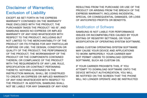Page 4ii 
Disclaimer of Warranties; 
Exclusion of Liability
EXCEPT AS SET FORTH IN THE EXPRESS 
WARRANTY CONTAINED ON THE WARRANTY 
PAGE ENCLOSED WITH THE PRODUCT, THE 
PURCHASER TAKES THE PRODUCT “AS IS”, AND 
SAMSUNG MAKES NO EXPRESS OR IMPLIED 
WARRANTY OF ANY KIND WHATSOEVER WITH 
RESPECT TO THE PRODUCT, INCLUDING BUT 
NOT LIMITED TO THE MERCHANTABILITY OF THE 
PRODUCT OR ITS FITNESS FOR ANY PARTICULAR 
PURPOSE OR USE; THE DESIGN, CONDITION OR 
QUALITY OF THE PRODUCT; THE PERFORMANCE 
OF THE PRODUCT; THE...
