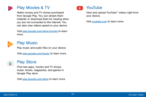 Page 6657
Applications Google Apps
Play Movies & TV
Watch movies and TV shows purchased 
from Google Play. You can stream them 
instantly or download them for viewing when 
you are not connected to the Internet. You 
can also view videos saved on your device.
Visit play.google.com/store/movies to learn 
more.
Play Music
Play music and audio files on your device. 
Visit play.google.com/music to learn more.
Play Store
Find new apps, movies and TV shows, 
music, books, magazines, and games in 
Google Play store....