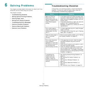 Page 35
Solving Problems
6.1
6Solving Problems
This chapter provides helpful information for what to do if you 
encounter an error while using your printer. 
This chapter includes:
• Troubleshooting Checklist
• Solving General Printing Problems
• Clearing Paper Jams
• Solving Print Quality Problems
• Troubleshooting Error Messages
• Common Windows Problems
• Common Macintosh Problems
• Common Linux Problems
Troubleshooting Checklist
If the printer is not working properly, consult the following 
checklist. If...