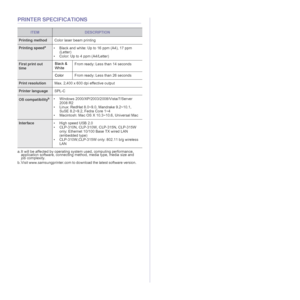 Page 5656 _Specifications
PRINTER SPECIFICATIONS
ITEMDESCRIPTION
Printing methodColor laser beam printing
Printing speeda
a. It will be affected by operating system used, computing performance, 
application software, connecting method, media type, media size and 
job complexity.• Black and white: Up to 16 ppm (A4), 17 ppm 
(Letter)
• Color: Up to 4 ppm (A4/Letter)
First print out 
timeBlack & 
WhiteFrom ready: Less than 14 seconds
ColorFrom ready: Less than 26 seconds
Print resolutionMax. 2,400 x 600 dpi...