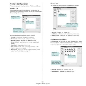 Page 97Using Your Printer in Linux
30
Printers Configuration
Printers configuration has the two tabs: Printers and Classes. 
Printers Tab
You can see the current system’s printer configuration by 
clicking on the printer icon button on the left side of the Unified 
Driver Configurator window.
You can use the following printer control buttons:
•Refresh: renews the available printers list.
•
Add Printer: allows you to add a new printer.
•
Remove Printer: removes the selected printer.
•
Set as Default: sets the...