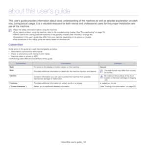 Page 19About this user’s guide_ 19
about this user’s guide
This user’s guide provides information about basic understanding of the machine as  well as detailed explanation on each 
step during actual usage. It is a valuable  resource for both novice and professional  users for the proper installation and 
use of the machine.
 • Read the safety information before using the machine.
• If you have
  a problem using the machine,  refer to the troubleshooting chapter (See  Troubleshooting on page 75 ).
• Te
rms used...