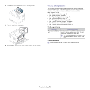 Page 78Troubleshooting_ 78
7.Close the top cover. Make sure that it is securely closed.
8.Push the fuser levers downwards.
9.Open and then close the rear cover or front cover to resume printing.
Solving other problems
The following chart lists some trouble  conditions that may occur and the 
recommended solutions. Follow the suggested solu tions until the problem is 
corrected. If the problem persists , contact a service representative.
Other problems include:
• See  System problems on page  78.
• See  Power...