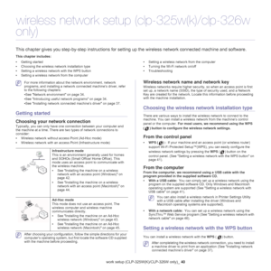 Page 40Wireless network setup (CLP-325W(K)/CLP-326W only)_ 40
4.wireless network setup (clp-325w(k)/clp-326w 
only)
This chapter gives you step-by-step instructions for setting up the wireless net work connected machine and software.
This chapter includes:
•Getting started
• Choosing the wireless network installation type
• Setting a wireless network with the WPS button
• Setting a wireless network from the computer •
Setting a wireless network from the computer
• Turning the Wi-Fi network on/off
•...