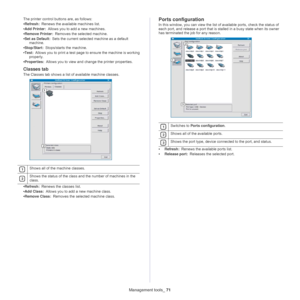 Page 71Management tools_ 71
The printer control buttons are, as follows:
•Re
fresh:  Renews the available machines list.
• Add Printer
 :  Allows you to add a new machines.
• Re
move Printer:  Removes the selected machine.
• Set as Default:  Sets the current selected machi
 ne as a default 
machine.
• Stop/St
art:  Stops/starts the machine.
• T
est:  Allows you to print a test page to ensure the machine is working 
prop erly.
• Pr
operties:  Allows you to view and change the printer properties. 
Classes tab
The...