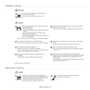 Page 9Safety information_ 9
Installation / Moving
 Warning
Do not place the machine in an area with dust, 
humidity or water leaks. 
► This could result in electric shock or fire. 
 Caution
Before moving the machine, turn the power off and 
disconnect all cords.
Then lift the machine:
•  
If the machine weighs under 20 kg (44.09lb), lift with 
1 person.
• I
f the machine weighs 20 kg (44.09lb) - 40kg 
(88.18lb), lift with 2 people.
• If the
 machine weighs more than 40 kg (88.18lb), lift 
with 4 or more...