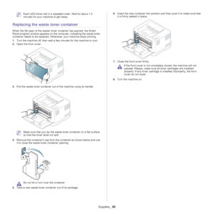 Page 89Supplies_ 89
 Each LED blinks red in a repeated order. Wait for about 1.5 
minutes for your machine to get ready.
Replacing the waste toner container
When the life span of the waster t oner container has expired, the Smart 
Panel program window appears on the comp uter, indicating the waste toner 
container needs to be replaced. Otherwise, your machine stops printing.
1. Turn
 the machine off, then wait a fe w minutes for the machine to cool.
2. Ope
n the front cover.
3.Pull the waste toner container out...