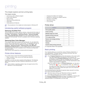 Page 59Printing_ 59
7.printing
This chapter explains common printing tasks.
This chapter includes:
•Introducing useful software program
• Printer driver features
• Basic printing
• Opening printing preferences
• Using help
• Using special print features •
Changing the default print settings
• Setting your machine as a default machine
• Printing to a file (PRN)
• Macintosh printing
• Linux printing
  
 The procedures in this chapter are mainly based on Windows XP.
Introducing useful  software program
Samsung...