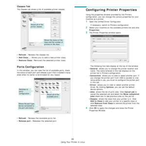 Page 88Using Your Printer in Linux
30
Classes Tab
The Classes tab shows a list of available printer classes.
•Refresh : Renews the classes list.
•
Add Class... : Allows you to add a new printer class.
•
Remove Class : Removes the selected printer class.
Ports Configuration
In this window, you can view the list of available ports, check 
the status of each port and release a port that is stalled in busy 
state when its owner is terminated for any reason.
•Refresh : Renews the available ports list.
•
Release port...