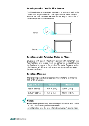 Page 284SPECIFICATIONSG.10
Envelopes with Double Side Seams
Double side-seams envelopes have vertical seams at both ends 
rather than diagonal seams. This style may be more likely to 
wrinkle. Be sure the seam extends all the way to the corner of 
the envelope as illustrated below.
Envelopes with Adhesive Strips or Flaps
Envelopes with a peel-off adhesive strip or with more than one 
flap that folds over to seal must use adhesives compatible with 
the heat and pressure in the printer. The extra flaps and strips...