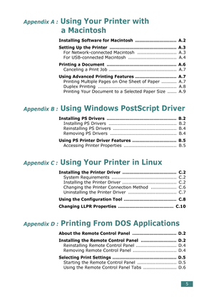 Page 39 
5 
Appendix A :
 
 Using Your Printer with 
a Macintosh
 
Installing Software for Macintosh  .............................  A.2
Setting Up the Printer  ...............................................  A.3
 
For Network-connected Macintosh  ..........................  A.3
For USB-connected Macintosh  ................................  A.4 
Printing a Document  .................................................  A.6
 
Canceling a Print Job .............................................  A.7 
Using Advanced...