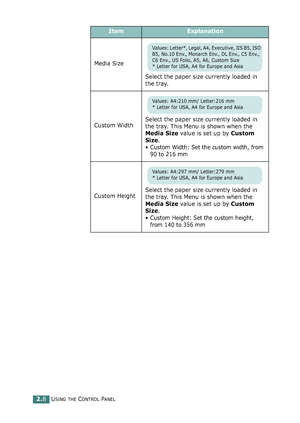 Page 62USING THE CONTROL PANEL2.8
Media Size
Select the paper size currently loaded in 
the tray.
Custom WidthSelect the paper size currently loaded in 
the tray. This Menu is shown when the 
Media Size value is set up by Custom 
Size.
• Custom Width: Set the custom width, from 
90 to 216 mm
Custom HeightSelect the paper size currently loaded in 
the tray. This Menu is shown when the 
Media Size value is set up by Custom 
Size.
• Custom Height: Set the custom height, 
from 140 to 356 mm
ItemExplanation
Values:...