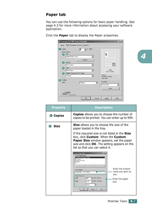 Page 107PRINTING TASKS4.7
4
Paper tab
You can use the following options for basic paper handling. See 
page 4.3 for more information about accessing your software 
application. 
Click the Paper tab to display the Paper properties. 
PropertyDescription
 CopiesCopies allows you to choose the number of 
copies to be printed. You can enter up to 999. 
 
SizeSize allows you to choose the size of the 
paper loaded in the tray. 
If the required size is not listed in the 
Size 
box, click 
Custom. When the Custom 
Paper...