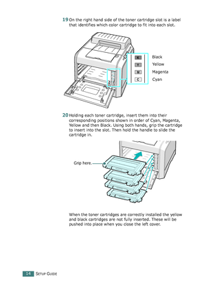 Page 14SETUP GUIDE14
19On the right hand side of the toner cartridge slot is a label 
that identifies which color cartridge to fit into each slot.
20Holding each toner cartridge, insert them into their 
corresponding positions shown in order of Cyan, Magenta, 
Yellow and then Black. Using both hands, grip the cartridge 
to insert into the slot. Then hold the handle to slide the 
cartridge in.
When the toner cartridges are correctly installed the yellow 
and black cartridges are not fully inserted. These will be...