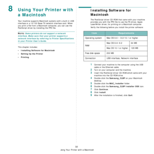 Page 111
Using Your Printer with a Macintosh
32
8Using Your Printer with 
a Macintosh
Your machine supports Macintosh systems with a built-in USB 
interface or a 10/100 Base-TX  network interface card. When 
you print a file from a Macint osh computer, you can use the 
PostScript driver by installing the PPD file.
NOTE: Some printers do not support a network 
interface. Make sure that your printer supports a 
network interface by referring to Printer Specifications 
in your Printer User’s Guide.
This chapter...